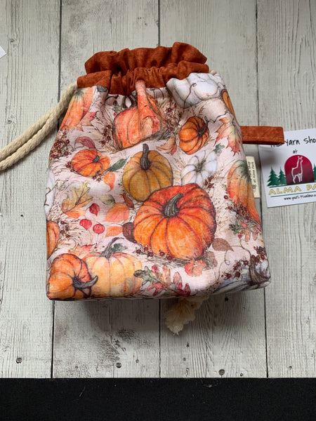 Drawstring Project Bag by Rose (MEDIUM) - Pumpkin Patch with Burnt Orange